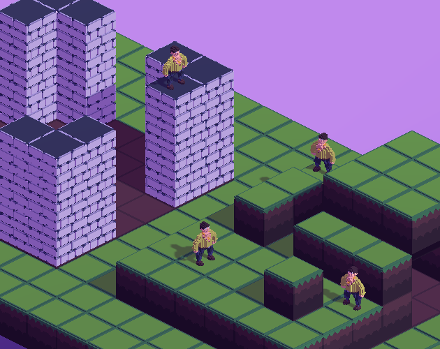 Screenshot of the game. Four characters are standing on an isometric board, the scene is fully done in voxels.